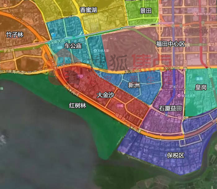 大金沙片区位于整个福田的西南部,以大金沙为起点,片区北面是商务