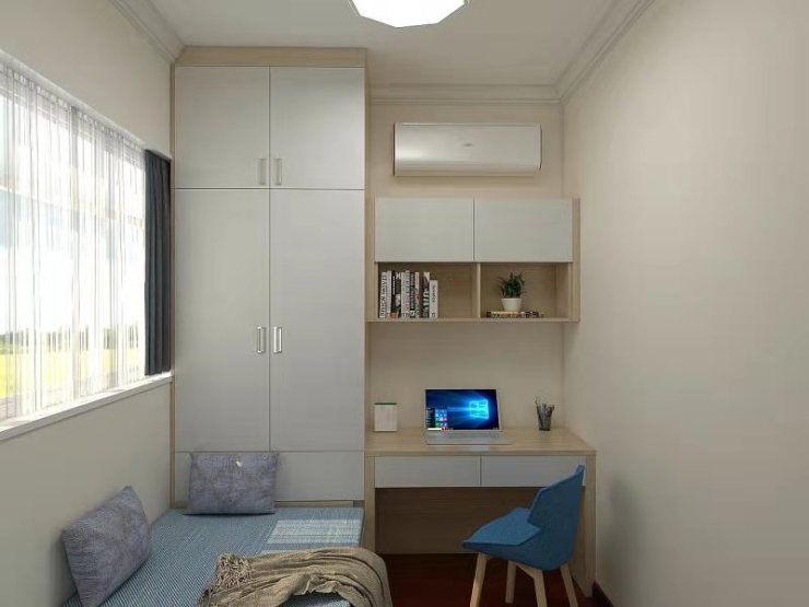 较小空间的卧室只能这样设计,把衣柜放在板式床上,延着衣柜设计书桌柜