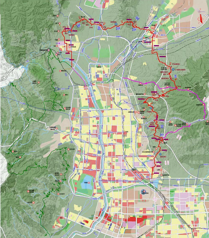 绿线是太原东西山旅游公路的西山段,红线是太原东西山旅游公路的东山