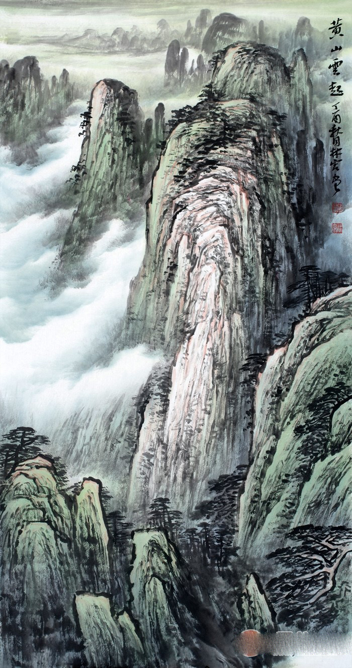 李林宏最新三尺竖幅青绿山水画《黄山云起》作品来源:易从网