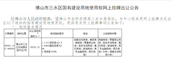 降价再出让!三字头起拍!三水白坭593万㎡商住地挂牌