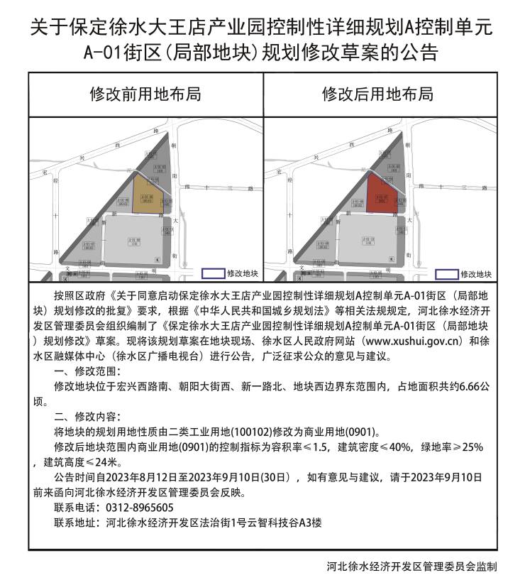 徐水大王店产业园控制性详细规划A控制单元A-01街区(局部地块)规划修改