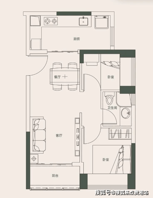 相較於55㎡戶型這個兩房的亮點在於廚房是真的太爽,還能設計推門整個