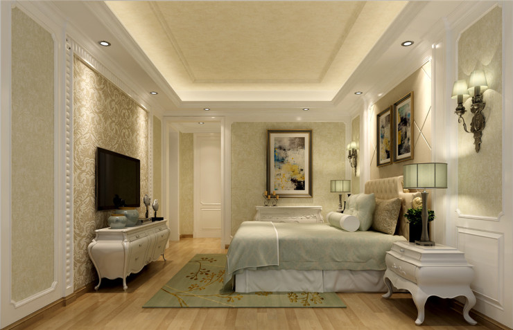 主卧:天花艺术涂料的运用,墙身上墙裙简洁明了的表现,无不体现高雅