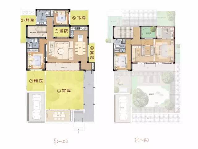 在此之前,绿城的中式合院,都带有4个不同功能的院子,六合院在此基础上